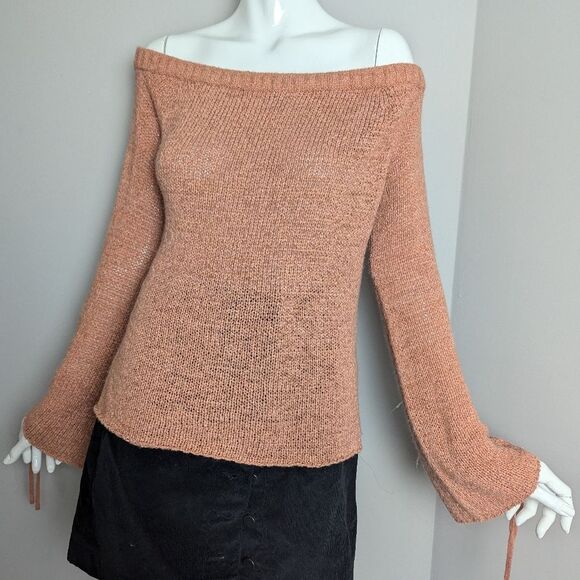 MinkPink off the shoulder knit bell sleeve tie up sleeve burnt orange M - Picture 1 of 9